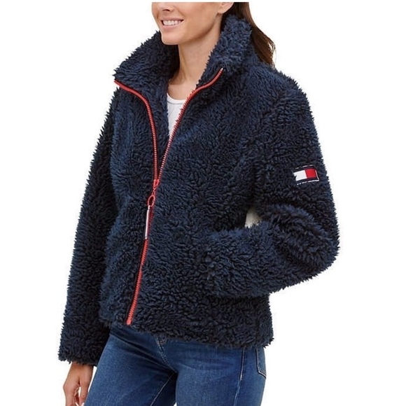 Tommy Hilfiger teddy sherpa jacket blue red white logo NWT women’s - Picture 3 of 6